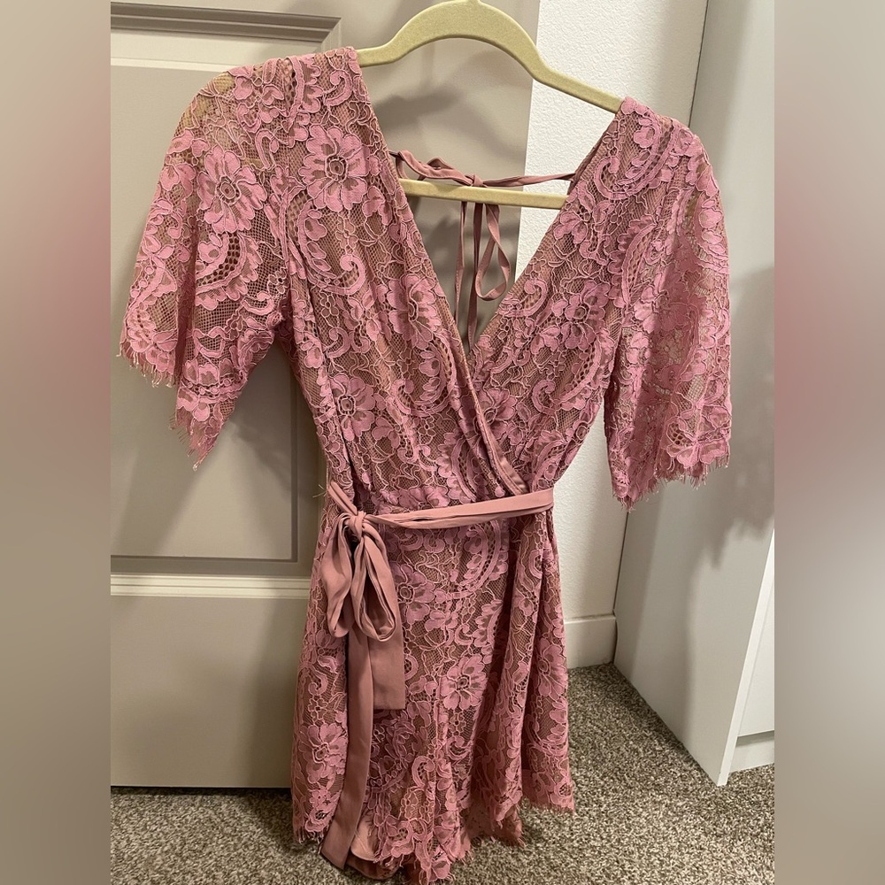 Pink Lace romper Wrap Dress